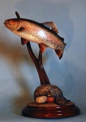 14" Rainbow Trout on Walnut base with carved wooden rocks.

Note: This trout was carved depicting the trout swimming around a decomposing branch in the water.