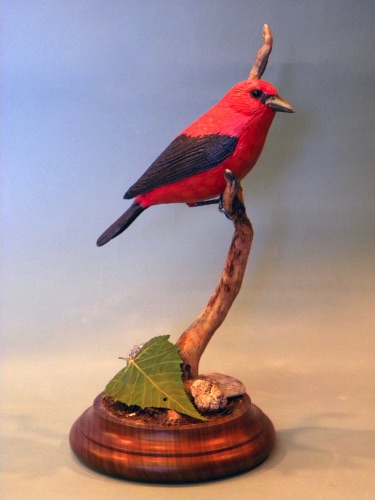 Scarlet Tanager, carved from Tupelo. Leaf made from paper.