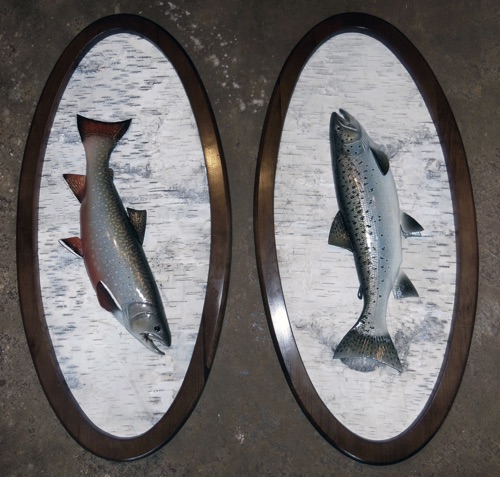 A pair of 17'' fish. A Brook Trout and a Landlocked Salmon. The fish are half body, giving the effect that the fish are one with the Birch Bark and White Pine frame. True Maine sporting art!