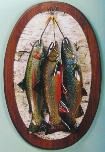 A Rainbow, Brook Trout & Brown Trout on a hand made Birch panel with Walnut frame.
