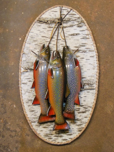 3 Brook Trout hanging on hand made B
irch Bark panel.
