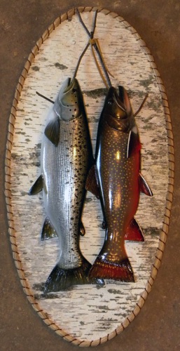 Landlocked Salmon and Brook Trout hanging on handmade Birch panel.