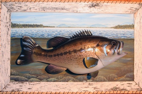 10 lbs Large Mouth Bass mounted on hand painted scene with Birch Bark frame. (Detailed)